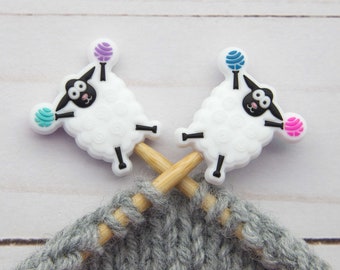 Cheerful White Sheep Stitch Stoppers Knitting EXCLUSIVE Needle Holders Wool Notions Accessories Tools Supplies Silicone Point Protectors