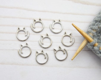 Silver Cat Stitch Markers Holders Notions Metal Ears Split Ring Knitting Needle Set of 8 Accessories Tools Keeper Supplies