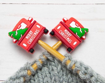 Red Truck Stitch Stoppers Christmas Tree Farm Knitting Needle Holiday Notions Bag Holders Accessories Tools Keeper Hugger Point Protectors