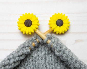 Yellow Sunflower Knitting Needles Stitch Stoppers Holders Notions Accessories Tools Keeper Hugger Supplies Silicone Point Protectors Storage