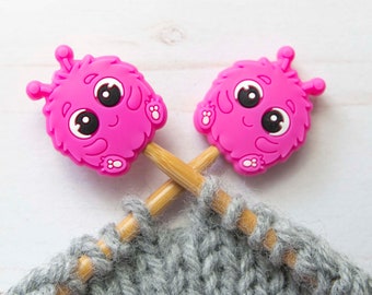 Pink Monster Knitting Needle Point Protectors Stitch Stoppers Holders Notions Accessories Tools Keeper Hugger Supplies Silicone Bag Storage