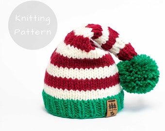 Christmas Elf Hat Knitting Pattern Santa Stocking Cap Medium Weight Knit Winter Beanie Toque Baby Toddler Child Women Men Worsted Thin