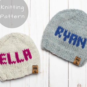Name Hat Knitting Pattern Initial Letter Monogram Personalized Knit Winter Beanie Toque Knitted Worsted Weight Baby Toddler Child Women Men