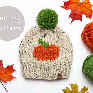 Pumpkin Hat Knitting Pattern Chunky Knit Pompom Winter Toque Halloween Fall Thick Wool Ease Thick and Quick Newborn Baby Toddler Child Women