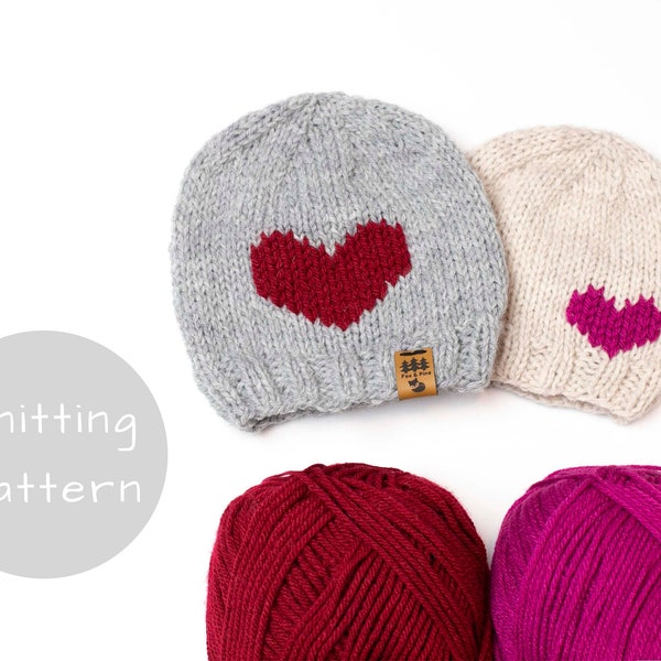 Heart Hat Knitting Pattern Knit Winter Beanie Toque Love Valentine's Day Knitted Medium Worsted Weight Baby Toddler Child Women Men Thin