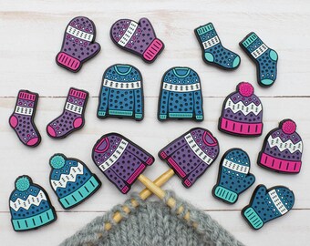 Mix Match Stitch Stoppers Warm and Cozy Collection Hat Sweater Mittens Socks Toque Knitting Notions Fair Isle Christmas Needle Holders Tools