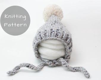 Pixie Bonnet Knitting Pattern Winter Hat Chunky Side Ties Knit Pompom Winter Toque Lion Brand Baby Toddler Child