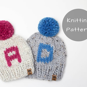 Monogram Hat Knitting Pattern Initial Name Letter Chunky Knit Pompom Winter Toque Thick Wool Ease Thick and Quick Toddler Child Women