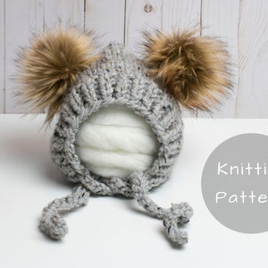 Pixie Bonnet Knitting Pattern Winter Hat Chunky Side Ties Knit Double Pompom Winter Toque Lion Brand Baby Toddler Child