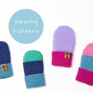 May include: Four pairs of colorful knit mittens with a brown label that says "Tree & River". The mittens are made of different colors of wool, including green, blue, pink, and purple.