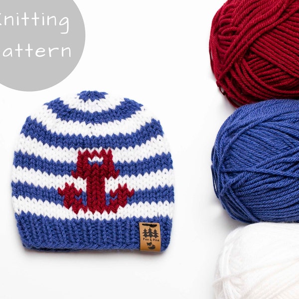 Anchor Hat Knitting Pattern Sailing Nautical Stripes Medium Worsted Weight Knit Winter Beanie Toque Baby Toddler Child Women Men Thin