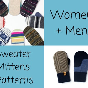 May include: A collection of colorful knitted mittens made from recycled sweaters. The mittens are arranged in a circle on a white background. The text "Women + Men Sweater Mittens Patterns" is displayed on a blue background.