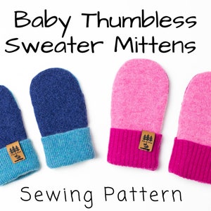 Może przedstawiać: Wzór szycia na rękawiczki dla niemowląt bez kciuka. Wzór zawiera cztery rękawiczki w dwóch kombinacjach kolorystycznych: niebiesko-turkusowej i różowo-fuksjowej.