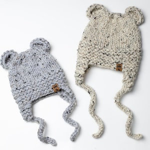Bear Ear Flaps Hat Knitting Pattern Trapper Aviator Chunky Side Ties Knit Animal Dog Winter Toque Lion Brand Baby Toddler Child Women