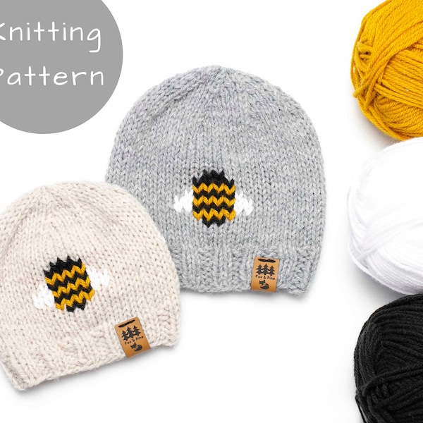 Bee Hat Knitting Pattern Knit Winter Beanie Toque Insect Bug Honey Knitted Medium Worsted Weight Baby Toddler Child Women Men Thin