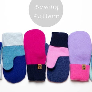 May include: Six pairs of colorful knit mittens with contrasting colored cuffs and thumb patches. Each mitten has a small brown label with a tree design.
