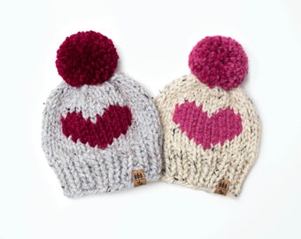 Heart Hat Knitting Pattern Chunky Knit Pompom Winter Toque Valentine's Day Thick Wool Ease Thick and Quick Newborn Baby Toddler Child Women
