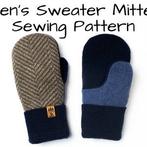 Può includere: Un paio di guanti di lana blu e marroni con un motivo a spina di pesce. I guanti hanno un polsino blu scuro e un'etichetta in pelle marrone con un logo ad albero.