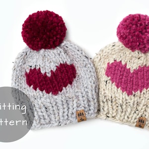 Heart Hat Knitting Pattern Chunky Knit Pompom Winter Toque Valentine's Day Thick Wool Ease Thick and Quick Newborn Baby Toddler Child Women