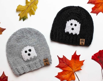 Halloween Ghost Hat Knitting Pattern Fall Thanksgiving Knit Winter Beanie Toque Knitted Medium Worsted Weight Baby Toddler Child Women Men