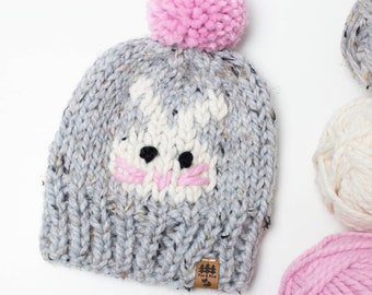 Bunny Hat Knitting Pattern Chunky Knit Pompom Easter Rabbit Winter Toque Woodland Animal Face Thick Quick Wool Ease Toddler Child Women