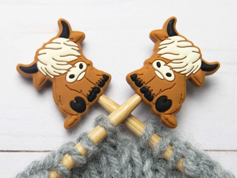 Highland Cow Knitting Needle Point Protectors Stitch Stoppers Animal Holders Notions Accessories Keeper Hugger Supplies Silicone Bag Storage image 1