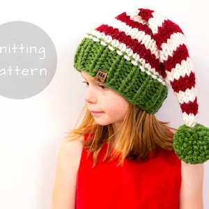 Elf Hat Knitting Pattern Stocking Cap Santa Classic Christmas Sleeper Knit Pompom Winter Thick Newborn Baby Toddler Child Women Men