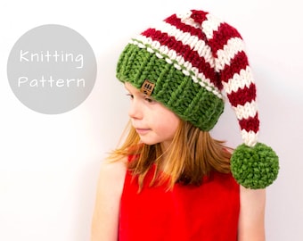 Elf Hat Knitting Pattern Stocking Cap Santa Classic Christmas Sleeper Knit Pompom Winter Thick Newborn Baby Toddler Child Women Men