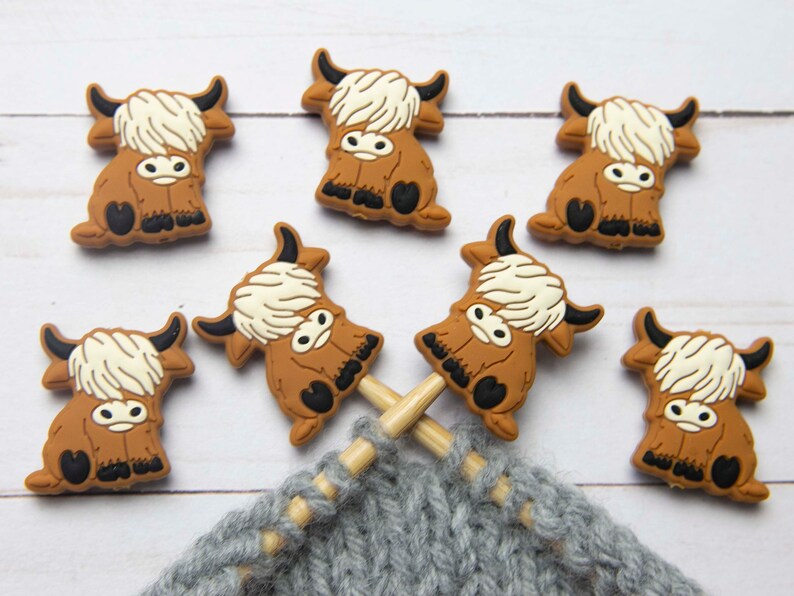 Highland Cow Knitting Needle Point Protectors Stitch Stoppers Animal Holders Notions Accessories Keeper Hugger Supplies Silicone Bag Storage image 2