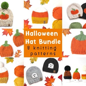 HALLOWEEN Hats Knitting Patterns BUNDLE 8 Toque Beanie Costume Pumpkin Candy Corn Thanksgiving Baby Children Women Holidays Knitted Pompom