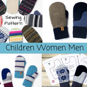 May include: A collection of handmade mittens in various colors and patterns, including striped, geometric, and textured designs. The image also features a sewing pattern with instructions for creating mittens. Text on the image reads "Sewing Pattern" and "Children Women Men."