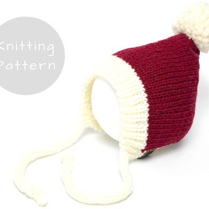 Santa Pixie Bonnet Christmas Hat Knitting Pattern Baby Children Newborn Winter Worsted Weight #4 Medium Side Ties Knit Pompom Winter Toque