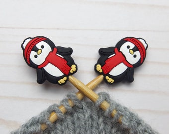 Winter Penguin Christmas Stitch Stoppers Knitting Needle Point Protectors Notions Holders Pattern Accessories Tools Keeper Hugger Festive