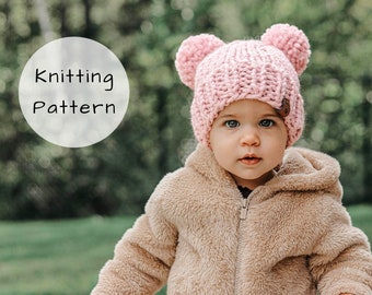 Double Pompom Hat Knitting Pattern Chunky Knit Winter Toque Pom Pom Thick Wool Ease Thick and Quick Newborn Baby Toddler Child