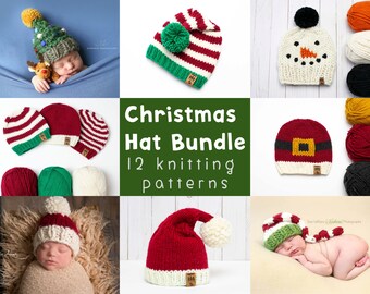 CHRISTMAS BUNDLE Hats Knitting Patterns 12 + 2 Bonus Toque Beanie Stocking Cap Baby Children Women Holidays Knitted Pompom Santa Tree Photos