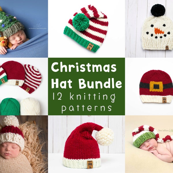 CHRISTMAS BUNDLE Hats Knitting Patterns 12 + 2 Bonus Toque Beanie Stocking Cap Baby Children Women Holidays Knitted Pompom Santa Tree Photos