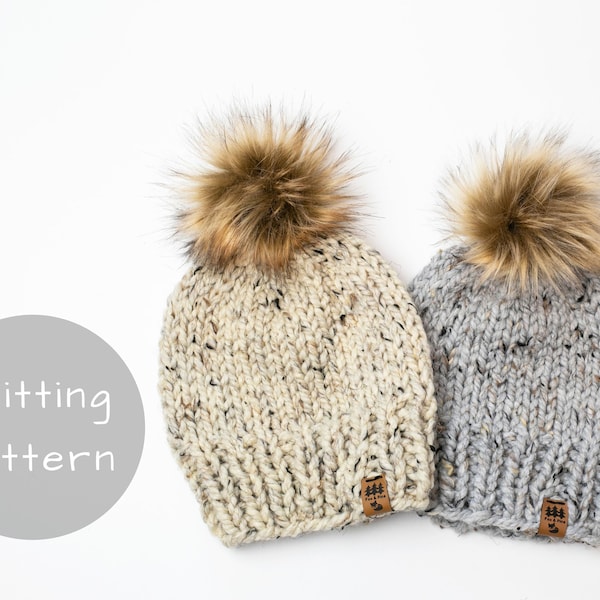 Knitting Pattern Chunky Knit Hat Pompom Winter Toque Thick Solid Easy Beginner Friendly Newborn Baby Toddler Child Women