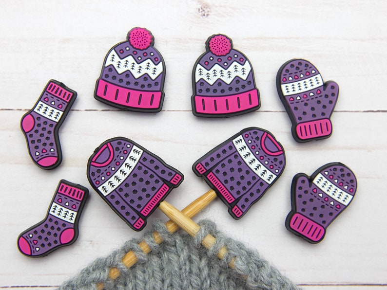 Stitch Stoppers Warm and Cozy Collection Knitting Notions Fair Isle Christmas Needle Holders Accessories Tools Point Protectors Yarn Pattern Purple/Pink