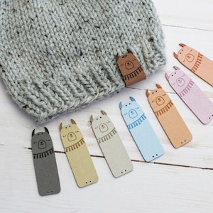 Llama Fold Over Tag Handmade Exclusive Alpaca Knitting Crochet Hats Personalized Neutral Pastel Faux Suede Leather Hats Notions Accessories