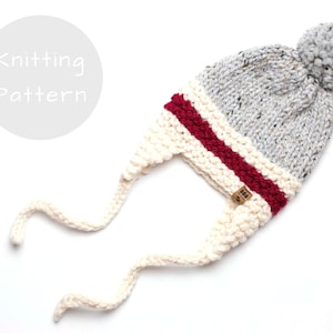 Roots Red Stripe Ear Flaps Hat Knitting Pattern Trapper Aviator Chunky Side Ties Knit Pompom Winter Toque Work Sock Baby Toddler Child Women