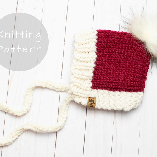 Chunky Santa Christmas Pixie Bonnet Knitting Pattern Winter Hat Bulky Side Ties Knit Pompom Winter Toque Lion Brand Baby Toddler Child