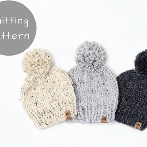 Hat Knitting Pattern Chunky Pompom Winter Toque Knitted Knit Solid Popular Wool Ease Thick and Quick Newborn Baby Toddler Child Women