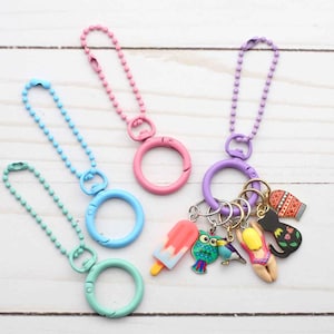 May include: Pastel-coloured keychains in mint green, light blue, pink, and purple. Each has a round clasp and a beaded chain. The purple keychain features charms, including a popsicle, a bird, and a black cat.