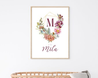 Simple elegant floral initial named print, Personalised wall art, Nursery bedroom decor, New baby gift, Christening gift, Baby shower gift