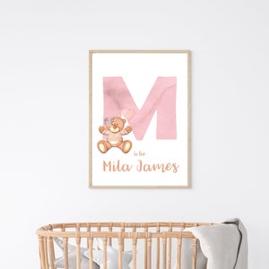 Personalised teddy bear Nursery print, Kid's room wall art, Personalised name print decor, New baby and christening gift  - Digital Download