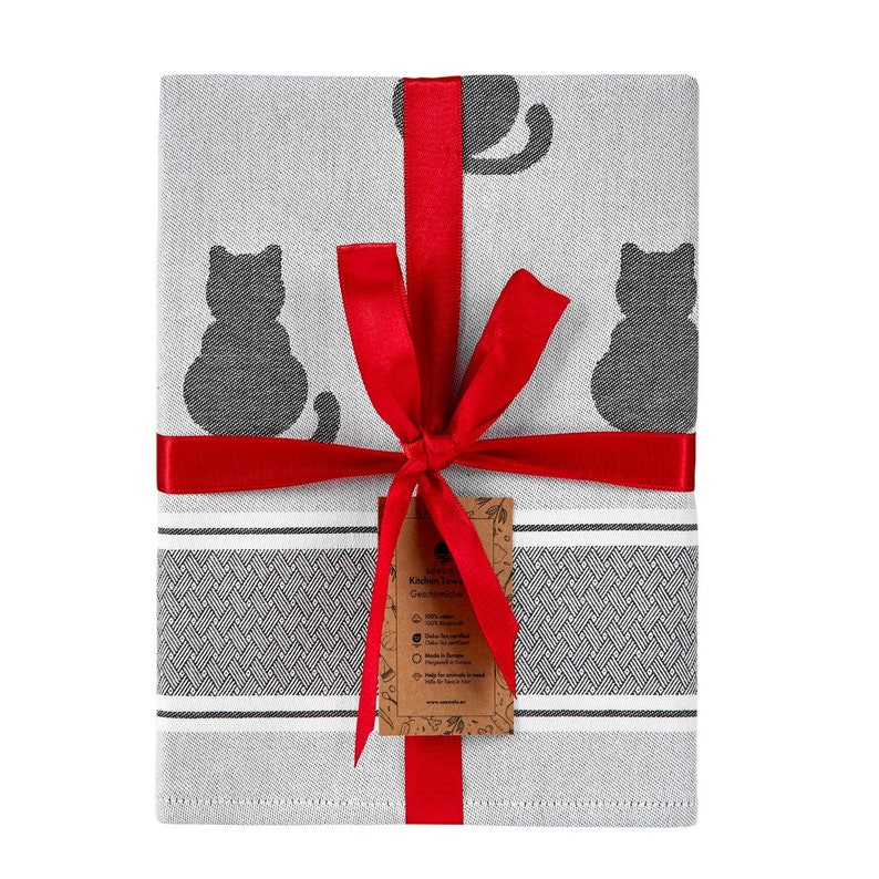 saewelo 4er Set Geschirrtücher in Geschenkverpackung, 100% Baumwolle, 50x70 cm Katze, Grau Bild 2
