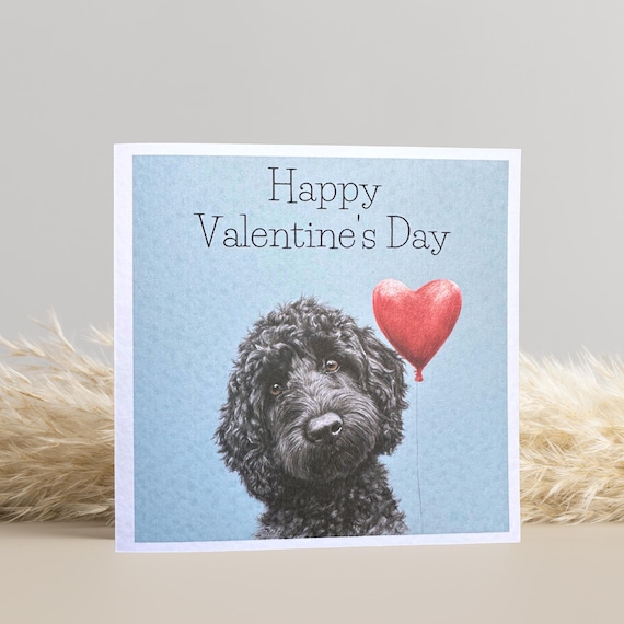 Cockapoo Valentine's Day Card: Black Dog with Heart Balloon