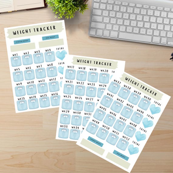 Weight loss Tracker 52 weeks. Digital Download. PDF Printable. Blue