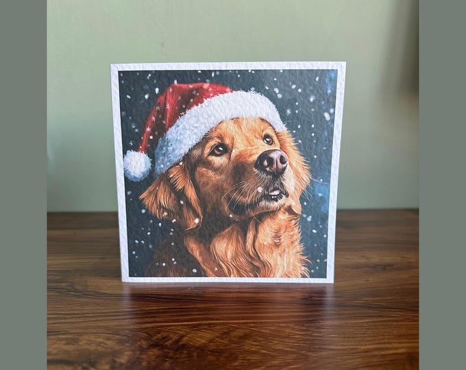 Golden Retriever Dog Christmas Card. Soft painting style.
