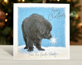 Black Newfoundland Dog Christmas Card. Soft painting style.